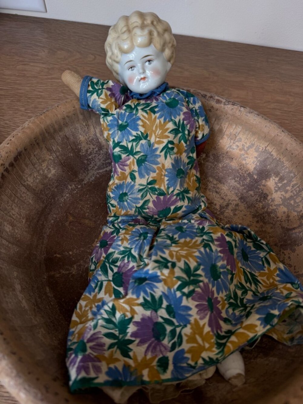Vintage 15" China Doll Cloth Body Floral Dress As Is
